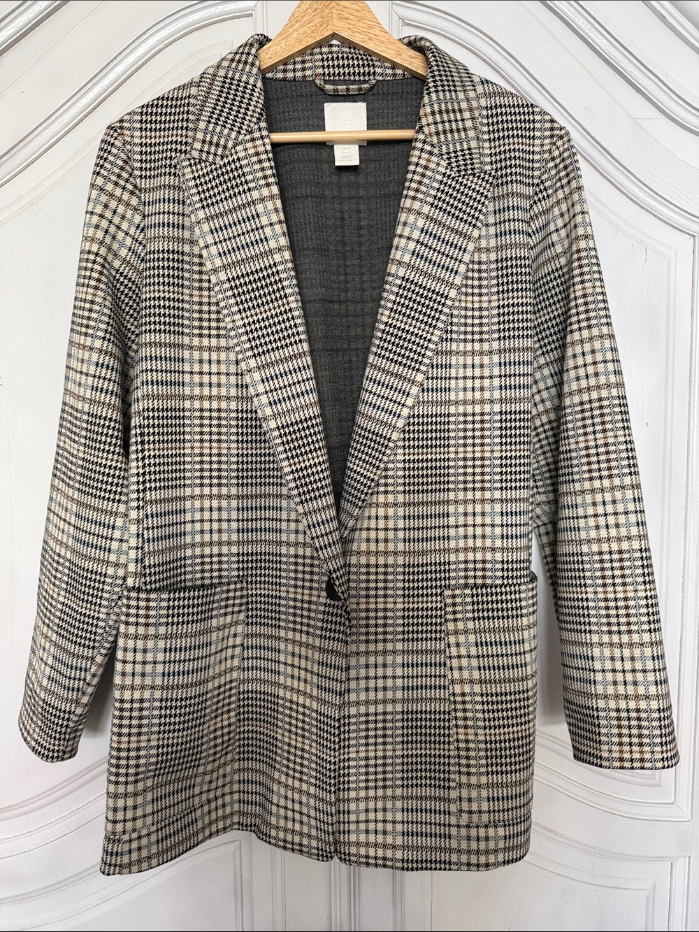 H&M Women’s Plaid Blazer Neutral Check Open Front 1 Button Jacket Fall Size 12